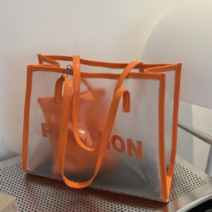 Neon Orange Letter Print Shoulder Tote Bag With Inner Pouch